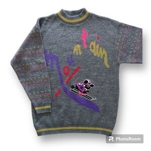 Vintage Mountain Downhill Ski Graphic Sweater Grey Pink Purple